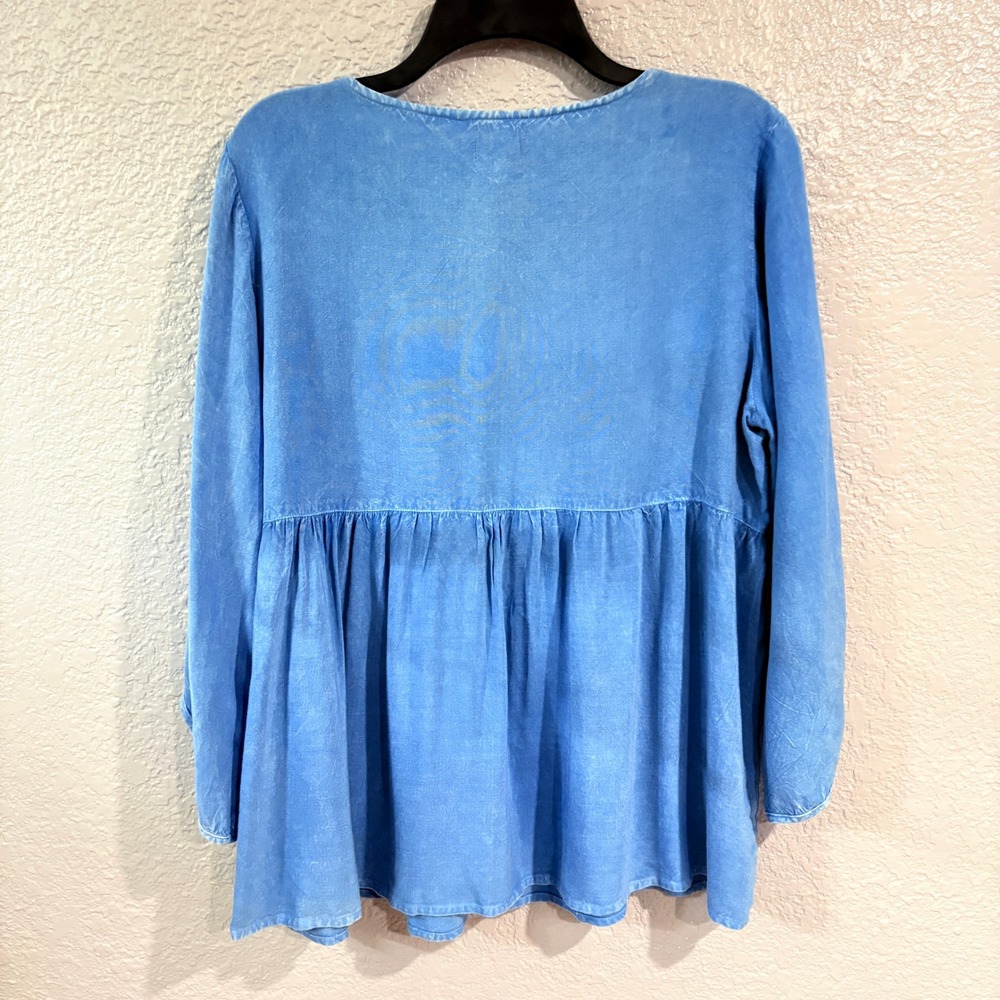 Boho Embroidered Peasant Top Blue Tassel V-Neck Peplum Blouse Size L - Picture 8 of 10